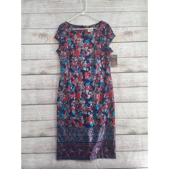 Beige by ECI Metallic Floral Midi Dress Women's Size 14 Blue/Silver/Pink‎ NEW - Picture 1 of 11